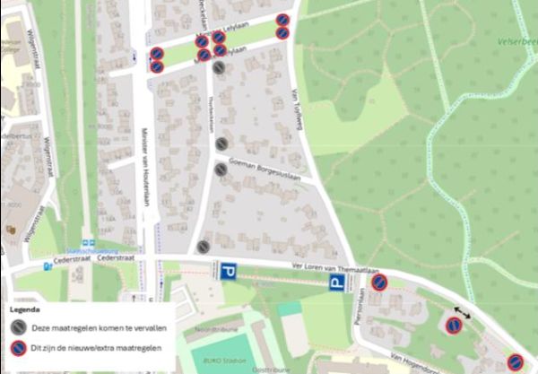 Plattegrond met parkeerverboden en rijroutes rondom BUKO Stadion en Sportpark Schoonenberg in Velsen-Zuid